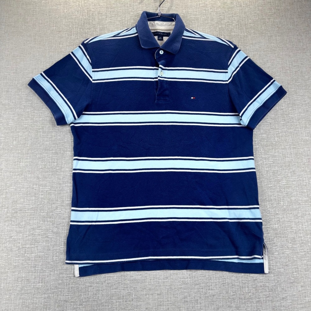 Tommy Hilfiger Y2K  Mens Small Blue Striped Short Sleeve Pique Polo Shirt